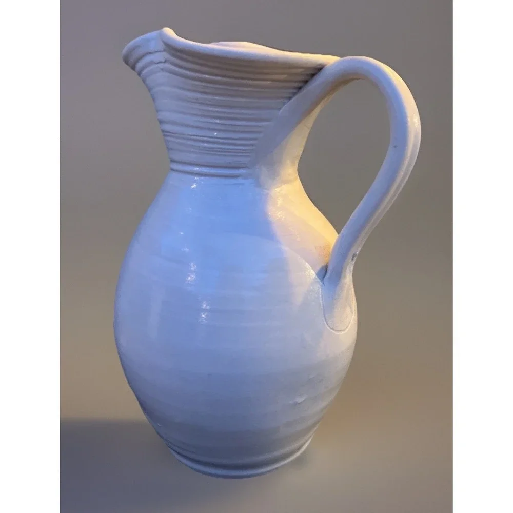 Williamsburg Pottery Pitcher Jug Vase Cobalt Blue Salt Glaze Floral 8.25